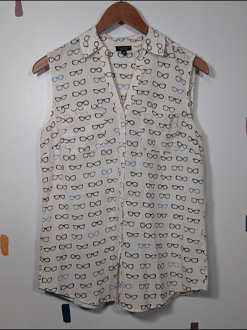 Talbots Nantucket Sleeveless Button-Front Blouse in Cream with Eyeglass Print